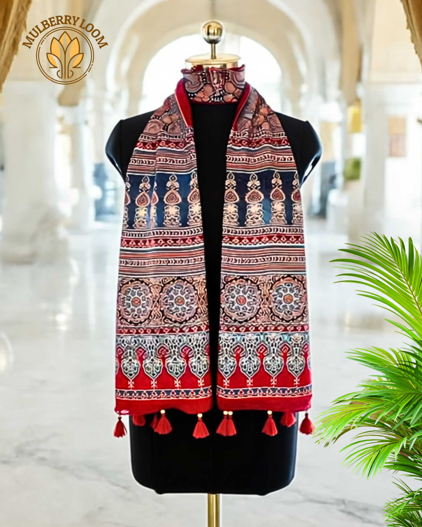 Indigo Red White Ajrakh Handblock Print Modal Stole