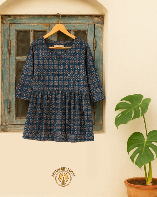 Indigo Ajrakh Handblock Printed Cotton Flared Tunic