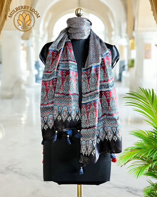 Indigo Black Ajrakh Handblock Print Modal Stole