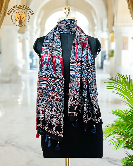 Indigo Red Ajrakh Handblock Print Modal Stole