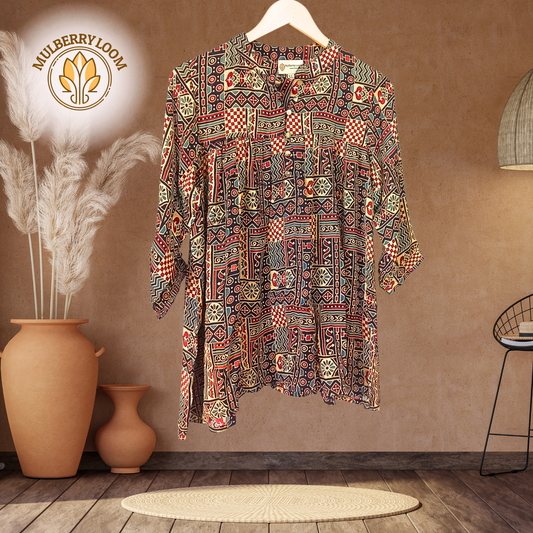 Ethereal Ajrakh Modal Beige and Maroon Short Top