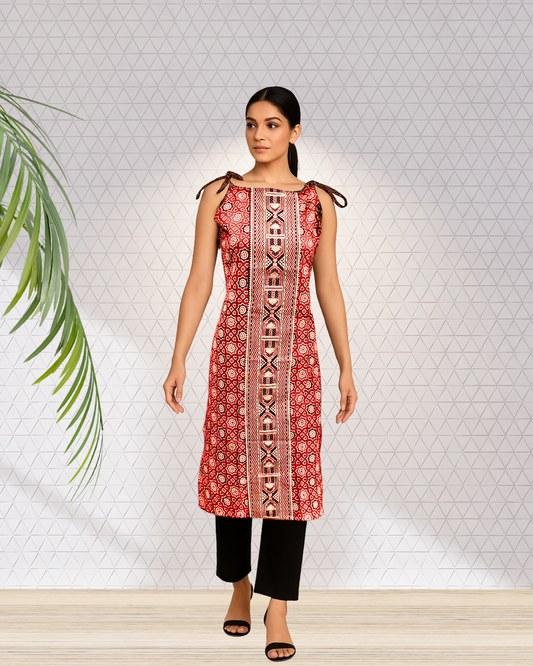 Crimson Ajrakh Handblock Print Spaghetti Kurti